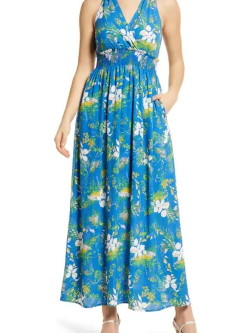 NWT Halogen Blue Yellow Wildflower Wrap Front Halter Maxi Dress Small Tropical F